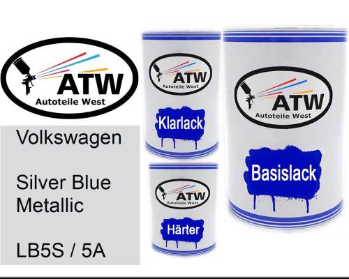 Volkswagen, Silver Blue Metallic, LB5S / 5A: 500ml Lackdose + 500ml Klarlack + 250ml Härter - Set, von ATW Autoteile West.